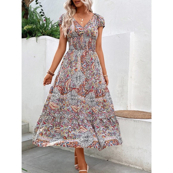 boho gypsy Paisley Print Shirred Detail Ruffle Hem Dress - Picture 6 of 12